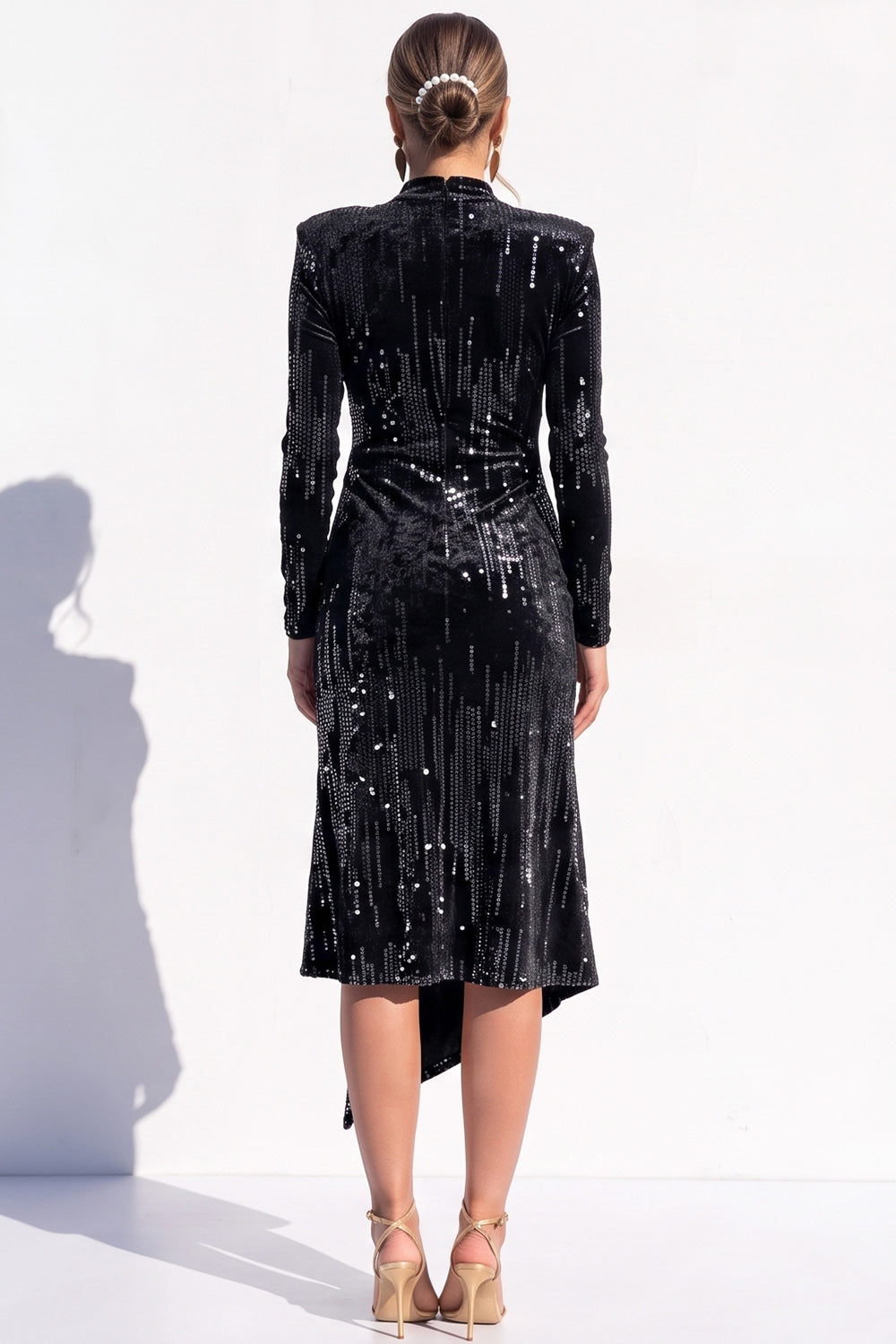 Sparkly Black Bodycon Sequin Velvet High Neck Ruched Midi Work Dress with Slit