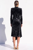 Sparkly Black Bodycon Sequin Velvet High Neck Ruched Midi Work Dress with Slit