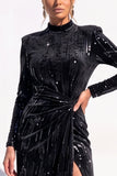 Sparkly Black Bodycon Sequin Velvet High Neck Ruched Midi Work Dress with Slit