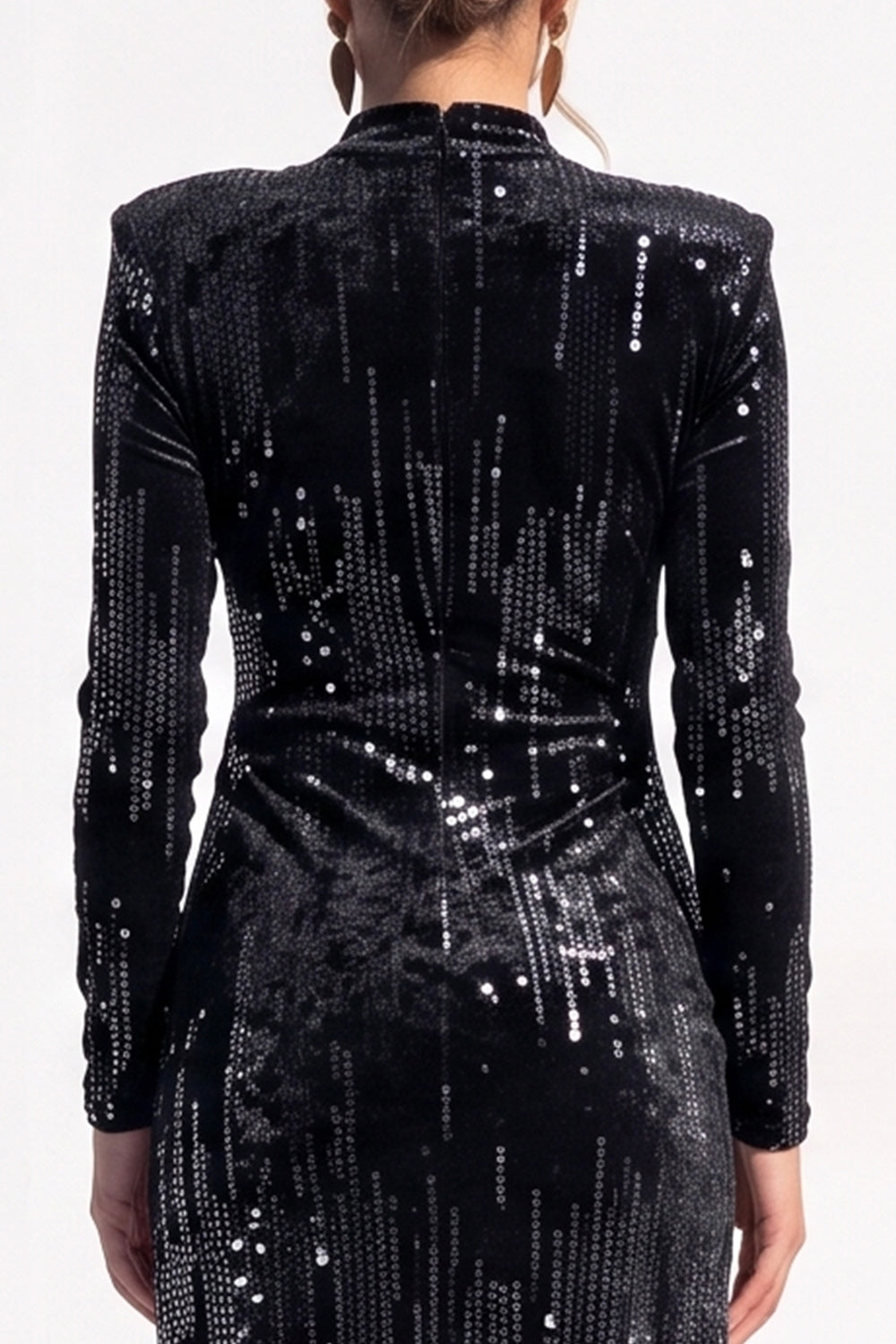 Sparkly Black Bodycon Sequin Velvet High Neck Ruched Midi Work Dress with Slit