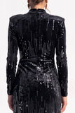 Sparkly Black Bodycon Sequin Velvet High Neck Ruched Midi Work Dress with Slit
