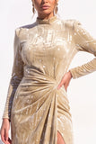 Sparkly Black Bodycon Sequin Velvet High Neck Ruched Midi Work Dress with Slit