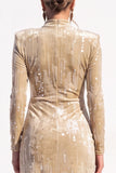 Sparkly Black Bodycon Sequin Velvet High Neck Ruched Midi Work Dress with Slit
