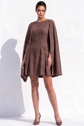 Brown Tweed A-Line Boat Neck Ruched Short Work Dress with Cape