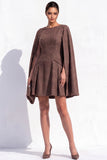 Brown Tweed A-Line Boat Neck Ruched Short Work Dress with Cape