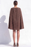 Brown Tweed A-Line Boat Neck Ruched Short Work Dress with Cape