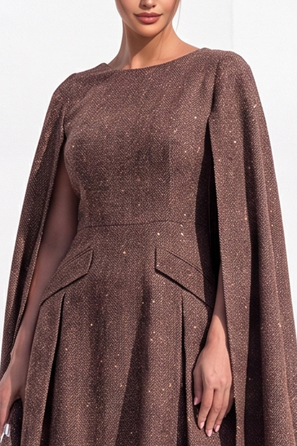 Brown Tweed A-Line Boat Neck Ruched Short Work Dress with Cape