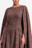 Brown Tweed A-Line Boat Neck Ruched Short Work Dress with Cape
