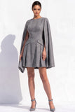 Brown Tweed A-Line Boat Neck Ruched Short Work Dress with Cape