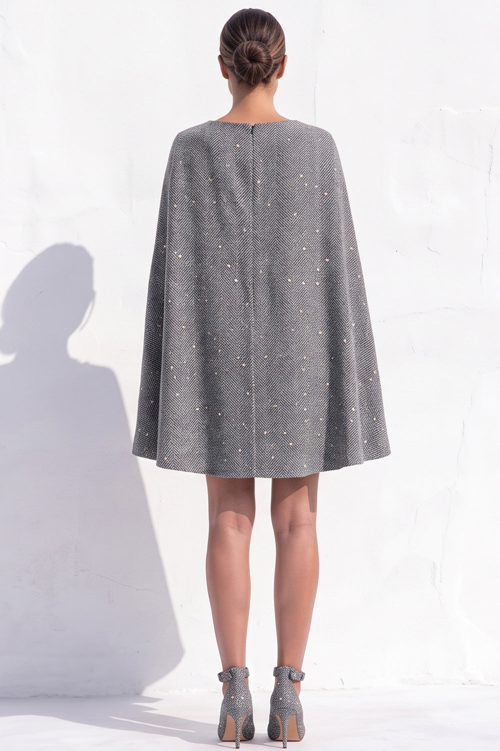 Brown Tweed A-Line Boat Neck Ruched Short Work Dress with Cape