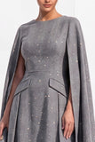 Brown Tweed A-Line Boat Neck Ruched Short Work Dress with Cape