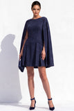 Brown Tweed A-Line Boat Neck Ruched Short Work Dress with Cape