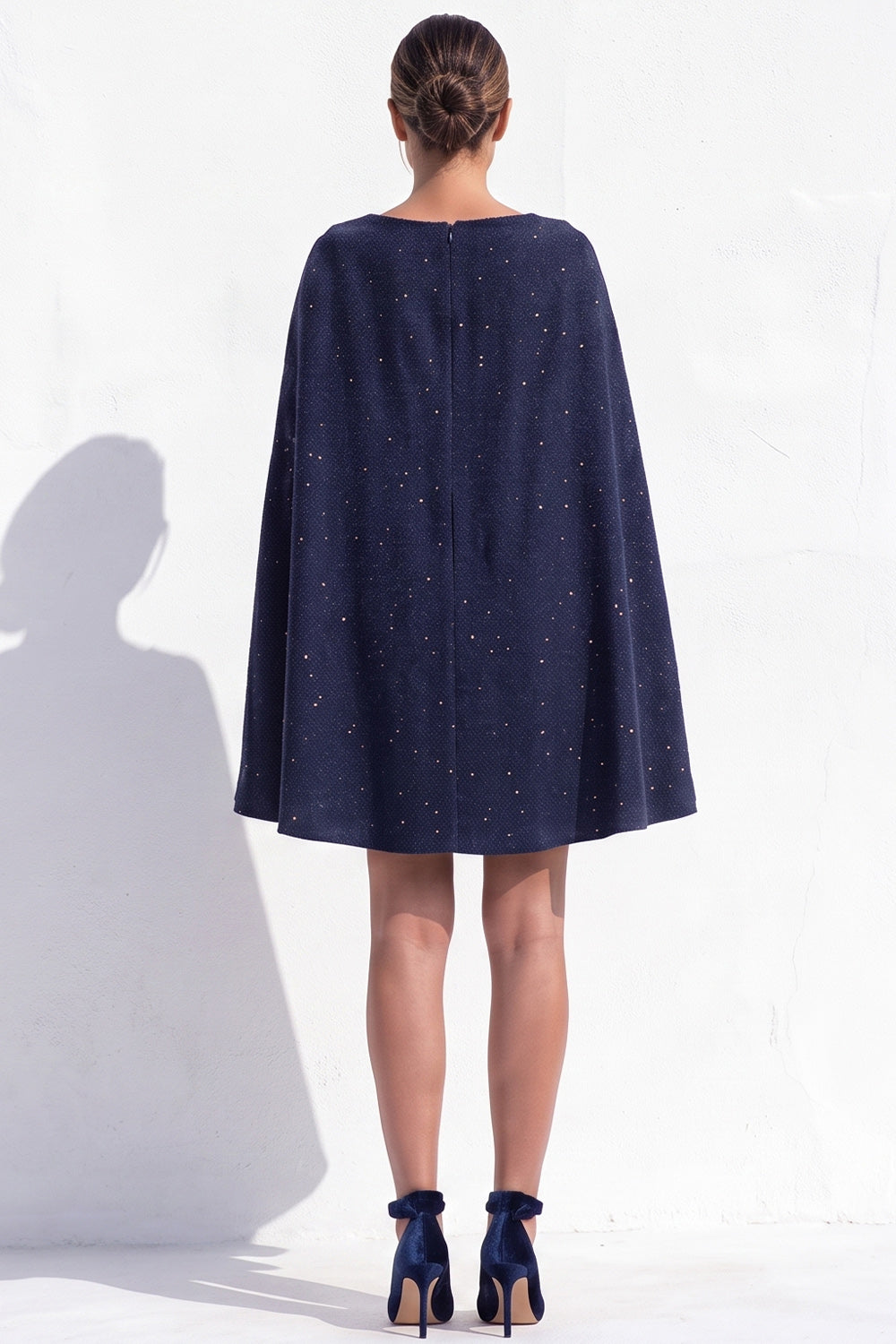 Brown Tweed A-Line Boat Neck Ruched Short Work Dress with Cape