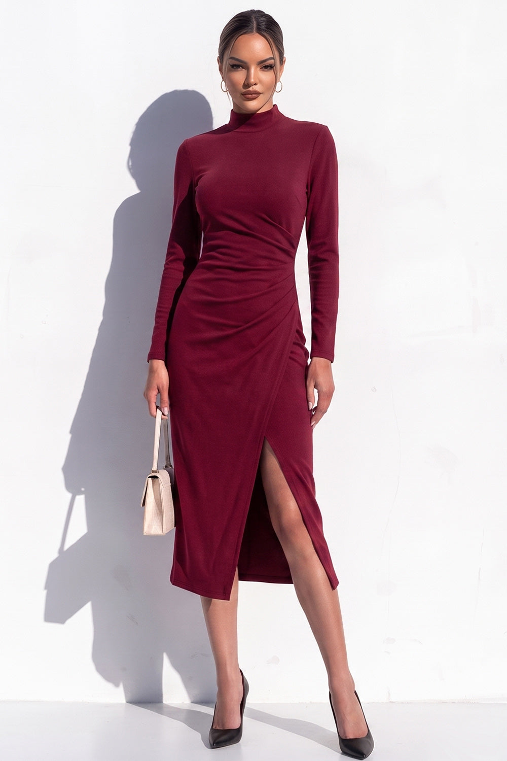 Burgundy Bodycon High Neck Ruched Midi Work Dress with Slit