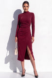 Burgundy Bodycon High Neck Ruched Midi Work Dress with Slit