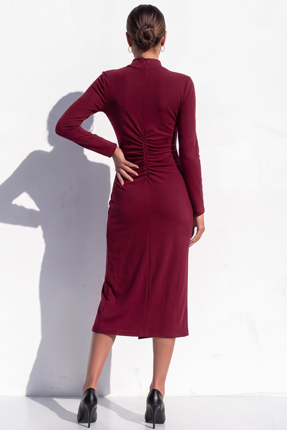 Burgundy Bodycon High Neck Ruched Midi Work Dress with Slit