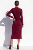 Burgundy Bodycon High Neck Ruched Midi Work Dress with Slit