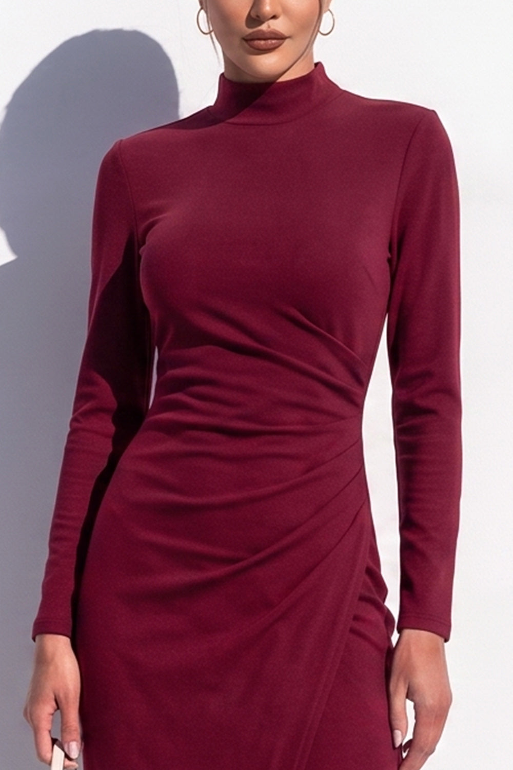 Burgundy Bodycon High Neck Ruched Midi Work Dress with Slit