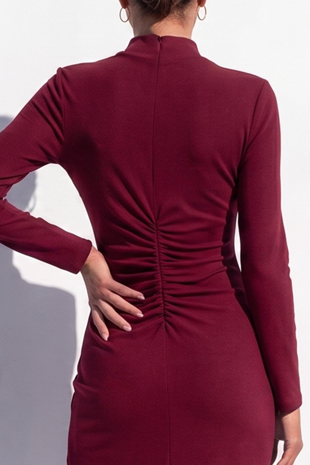 Burgundy Bodycon High Neck Ruched Midi Work Dress with Slit