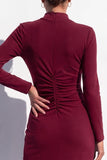 Burgundy Bodycon High Neck Ruched Midi Work Dress with Slit