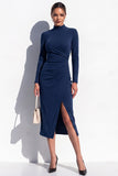 Burgundy Bodycon High Neck Ruched Midi Work Dress with Slit