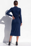 Burgundy Bodycon High Neck Ruched Midi Work Dress with Slit