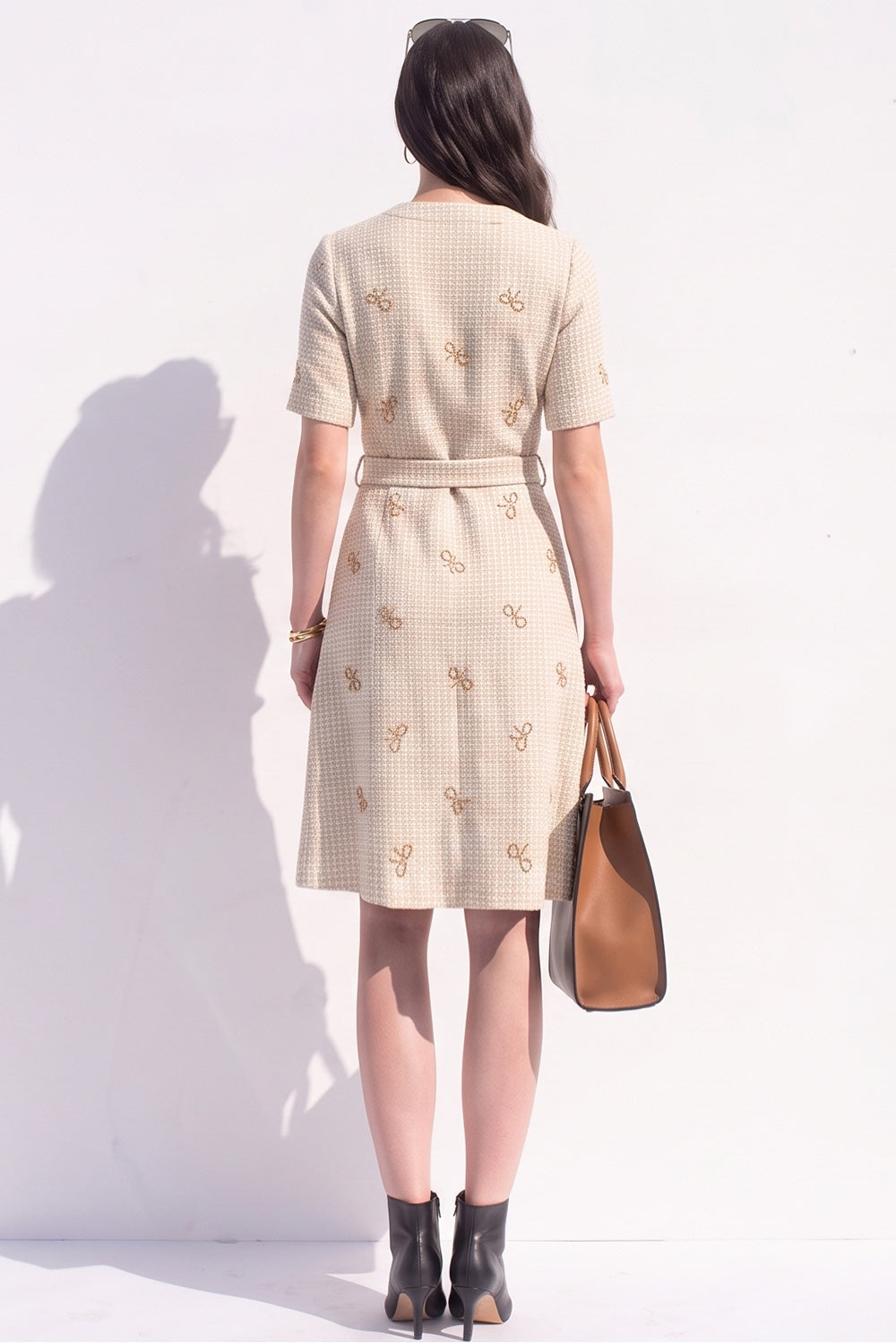 Apricot Tweed V-Neck A Line Single Breasted Midi Work Dress with Sash