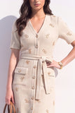 Apricot Tweed V-Neck A Line Single Breasted Midi Work Dress with Sash