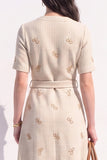 Apricot Tweed V-Neck A Line Single Breasted Midi Work Dress with Sash