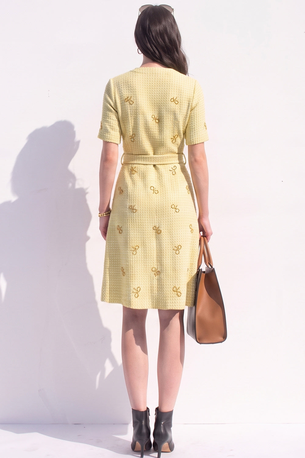 Apricot Tweed V-Neck A Line Single Breasted Midi Work Dress with Sash