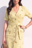 Apricot Tweed V-Neck A Line Single Breasted Midi Work Dress with Sash