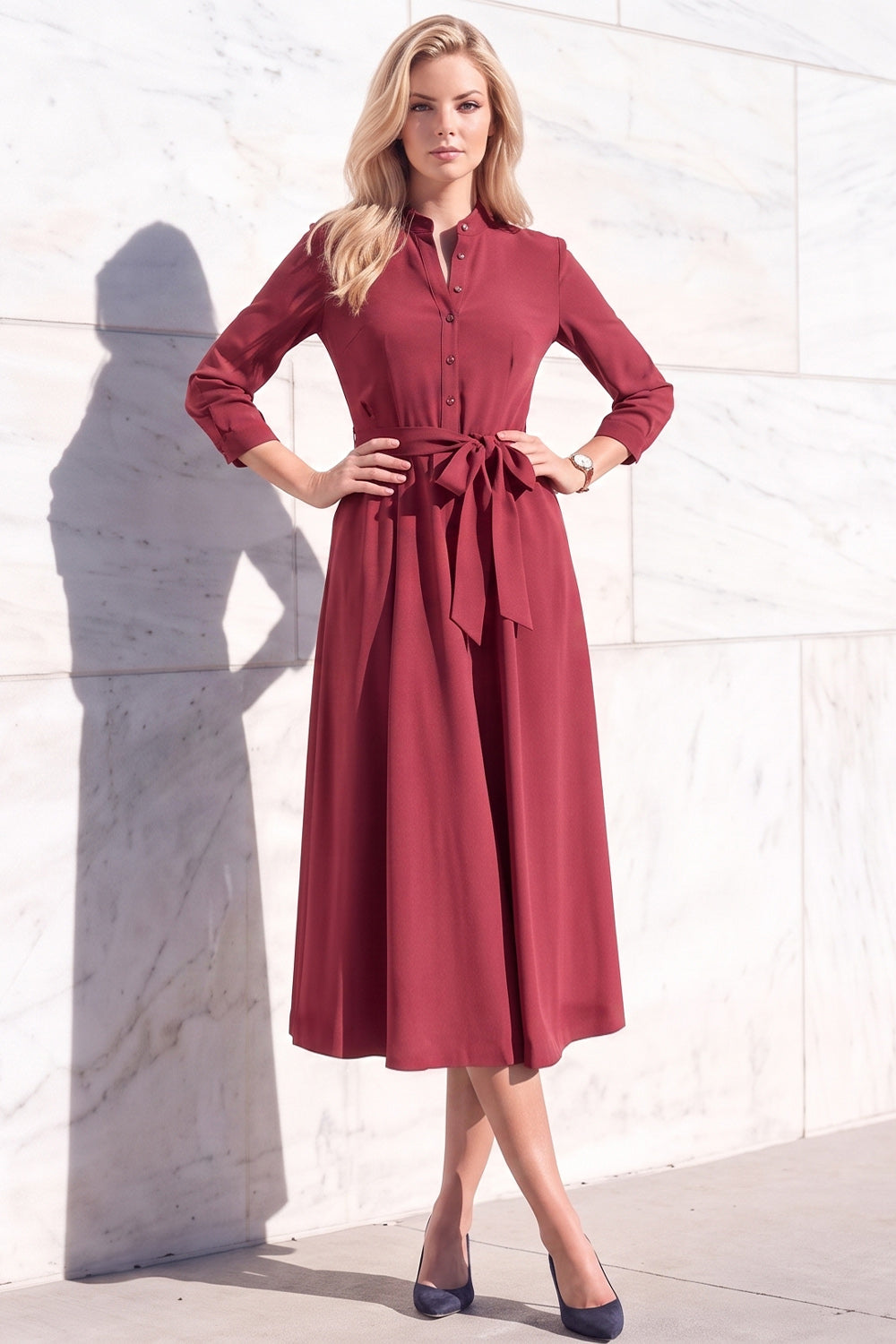Burgundy A-Line Round Neck 3/4 Sleeves Midi Work Dress with Sash