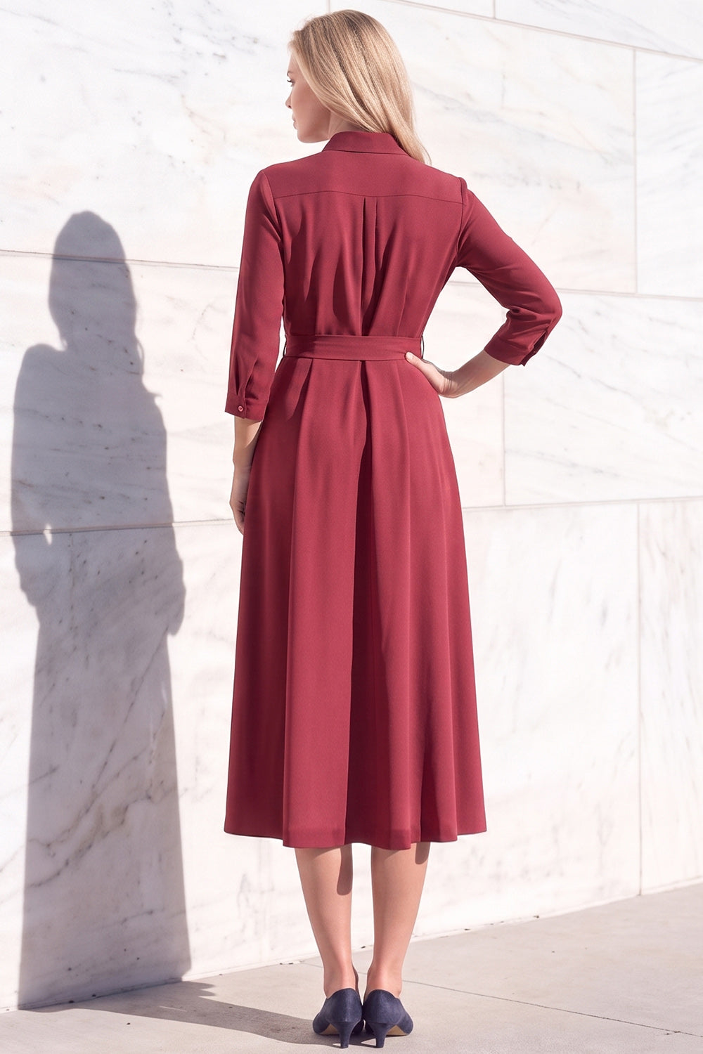 Burgundy A-Line Round Neck 3/4 Sleeves Midi Work Dress with Sash