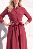 Burgundy A-Line Round Neck 3/4 Sleeves Midi Work Dress with Sash