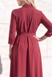 Burgundy A-Line Round Neck 3/4 Sleeves Midi Work Dress with Sash