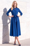Burgundy A-Line Round Neck 3/4 Sleeves Midi Work Dress with Sash