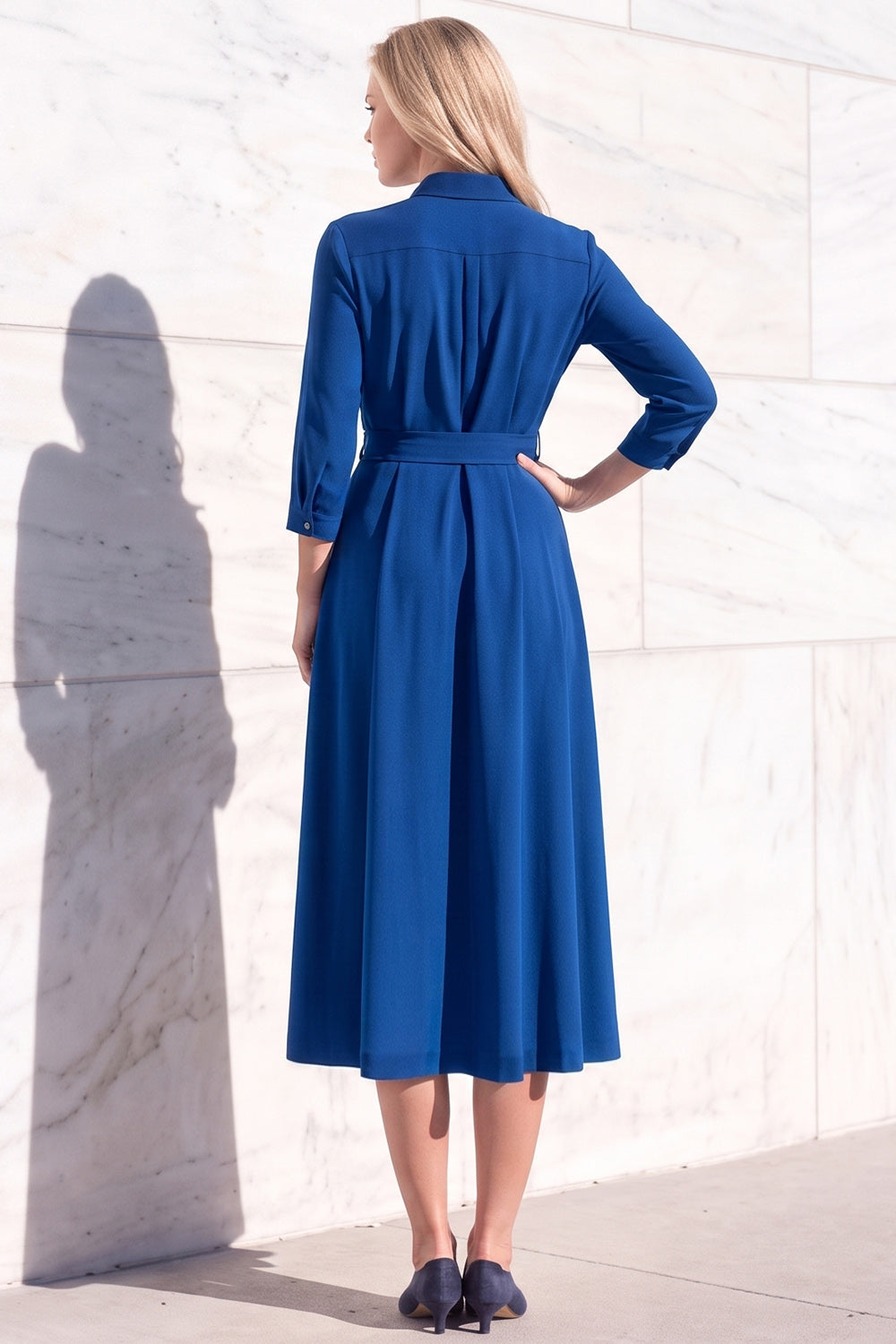 Burgundy A-Line Round Neck 3/4 Sleeves Midi Work Dress with Sash