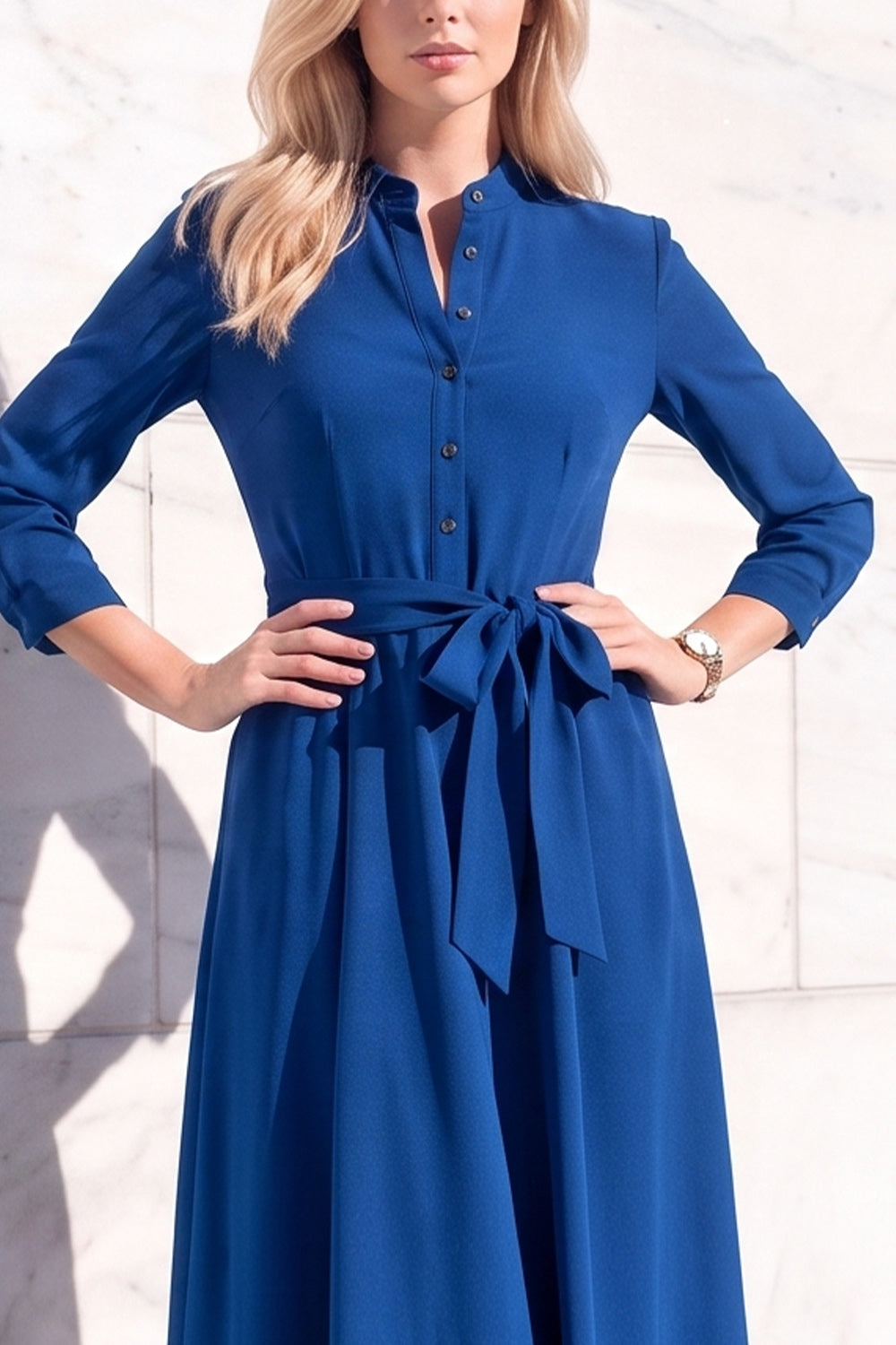 Burgundy A-Line Round Neck 3/4 Sleeves Midi Work Dress with Sash