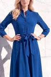 Burgundy A-Line Round Neck 3/4 Sleeves Midi Work Dress with Sash