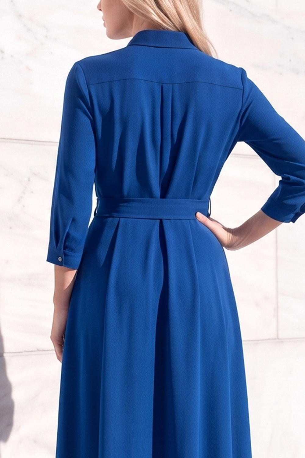 Burgundy A-Line Round Neck 3/4 Sleeves Midi Work Dress with Sash