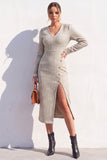 Apricot Tweed V-Neck Bodycon Midi Work Dress with Slit
