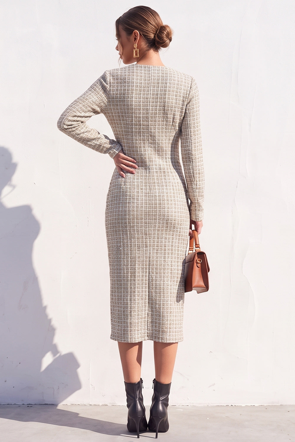 Apricot Tweed V-Neck Bodycon Midi Work Dress with Slit