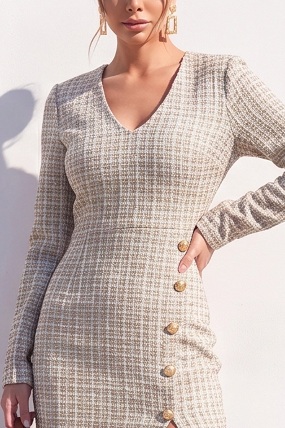 Apricot Tweed V-Neck Bodycon Midi Work Dress with Slit