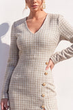 Apricot Tweed V-Neck Bodycon Midi Work Dress with Slit
