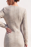 Apricot Tweed V-Neck Bodycon Midi Work Dress with Slit