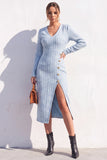 Apricot Tweed V-Neck Bodycon Midi Work Dress with Slit