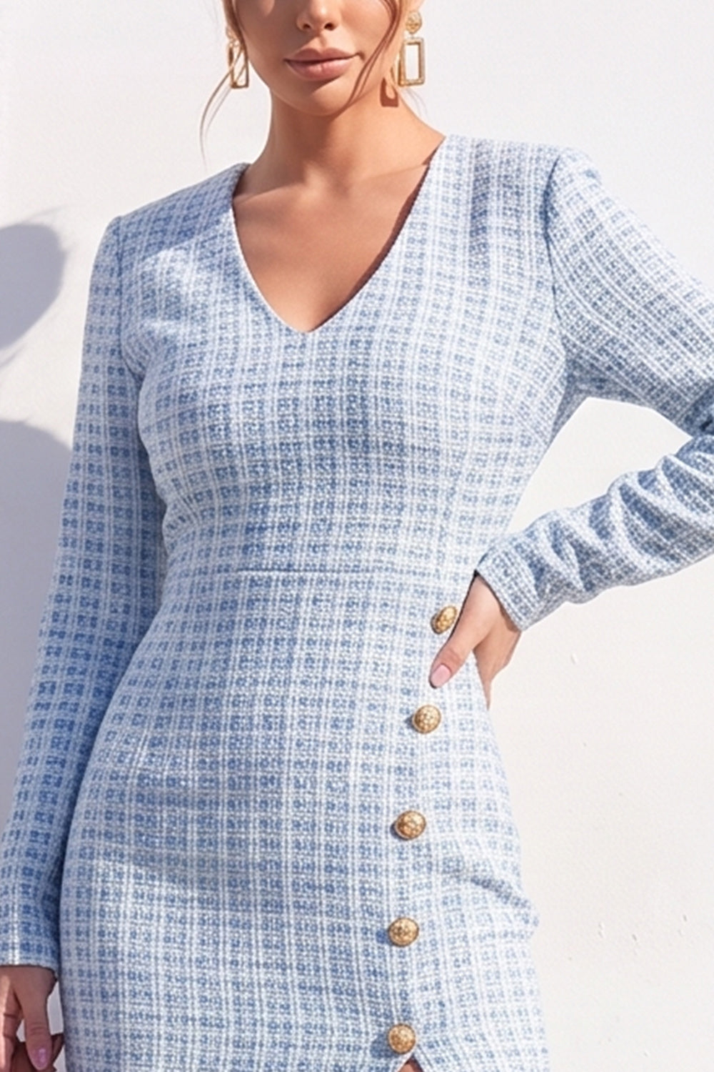 Apricot Tweed V-Neck Bodycon Midi Work Dress with Slit