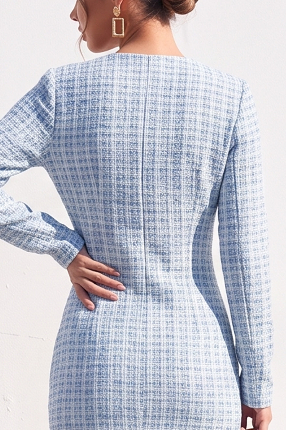 Apricot Tweed V-Neck Bodycon Midi Work Dress with Slit