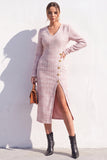 Apricot Tweed V-Neck Bodycon Midi Work Dress with Slit