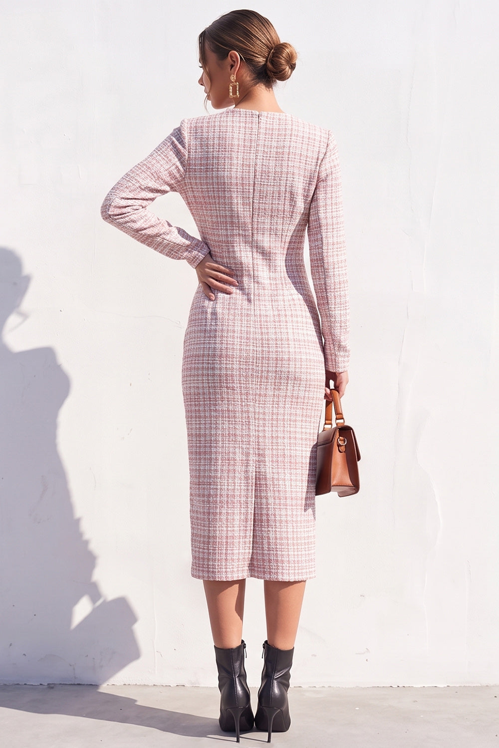 Apricot Tweed V-Neck Bodycon Midi Work Dress with Slit